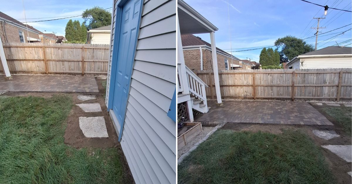 Backyard area cleared of existing sod, dirt, and concrete before new brick paver patio installation in Winnetka, IL.