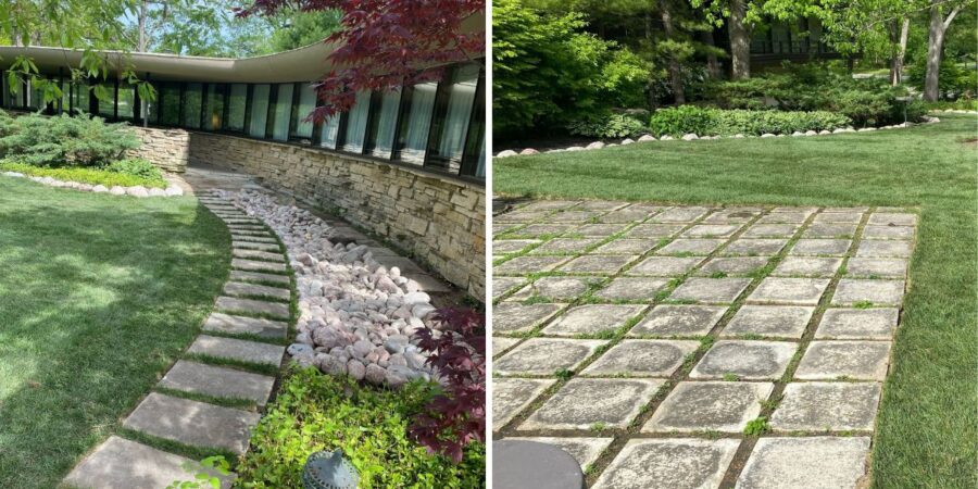 Backyard drainage and lawn restoration project in Barrington featuring French drain installation, grading corrections, PVC drainage piping, fresh sod installation, and backyard water management improvements