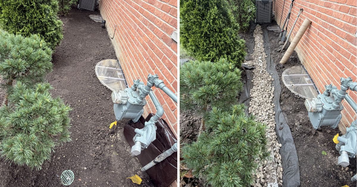 Residential drainage project in Winnetka, IL showing underground drainage piping, yard regrading, and foundation water management improvements.