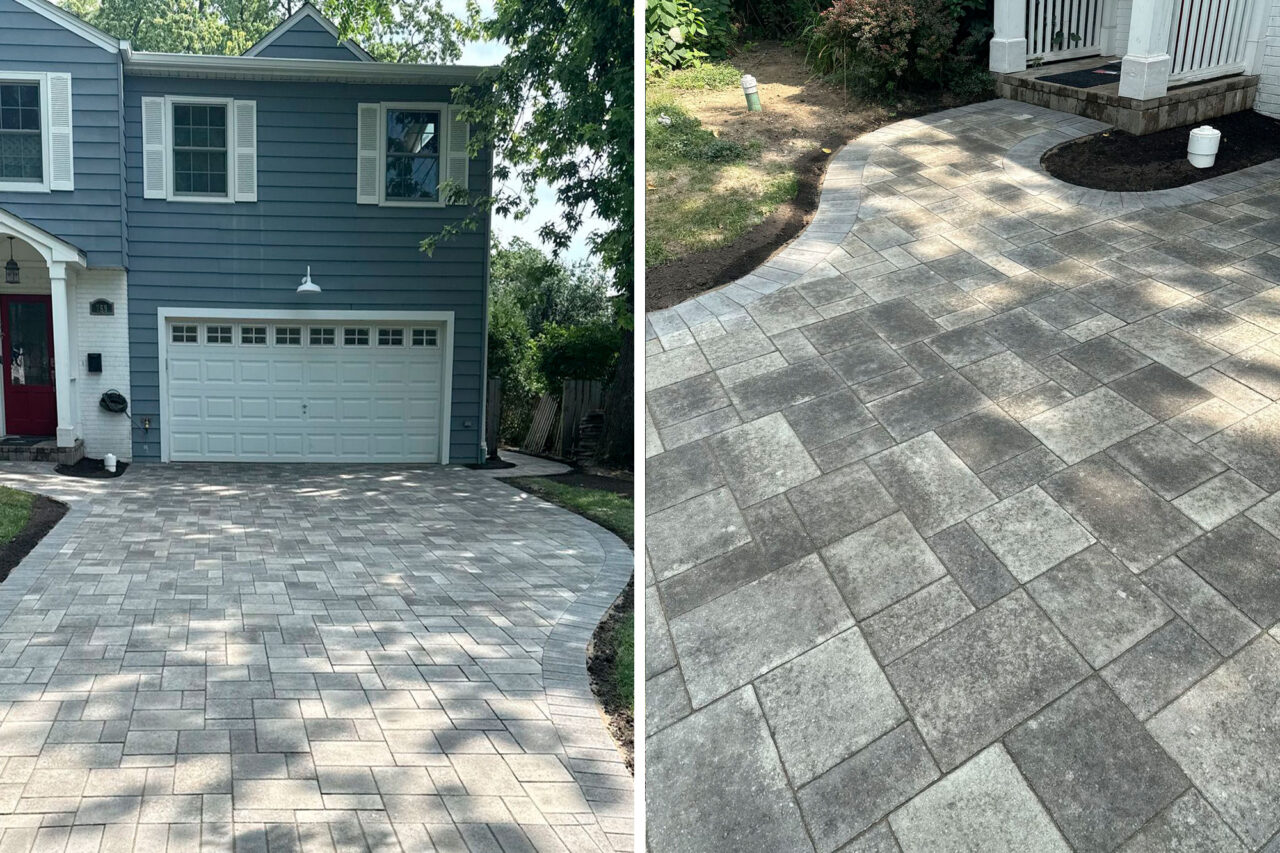 Two-panel view showing a newly installed Unilock Westport Smooth paver driveway leading to a garage and a front entrance walkway at a blue house in Highland Park.