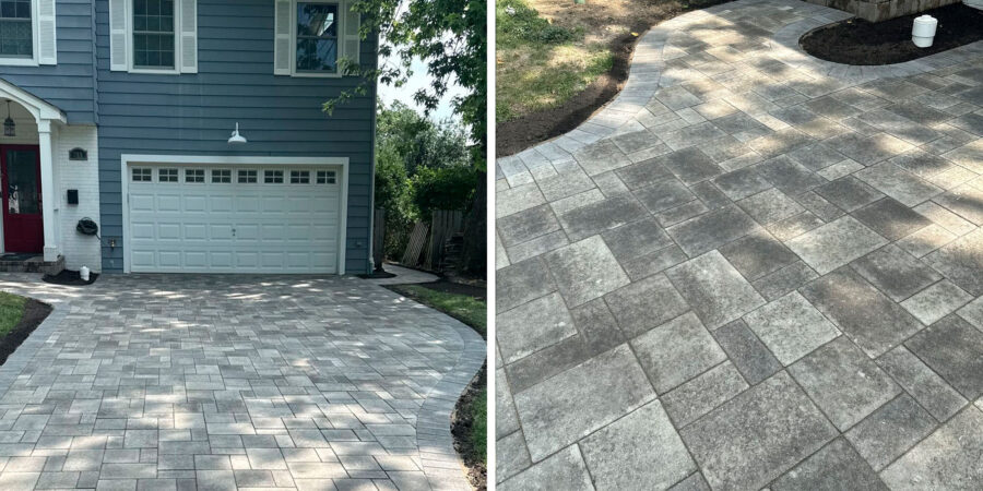 Highland Park hardscape renovation with Unilock Westport Smooth driveway, walkways, patio, and proper drainage.