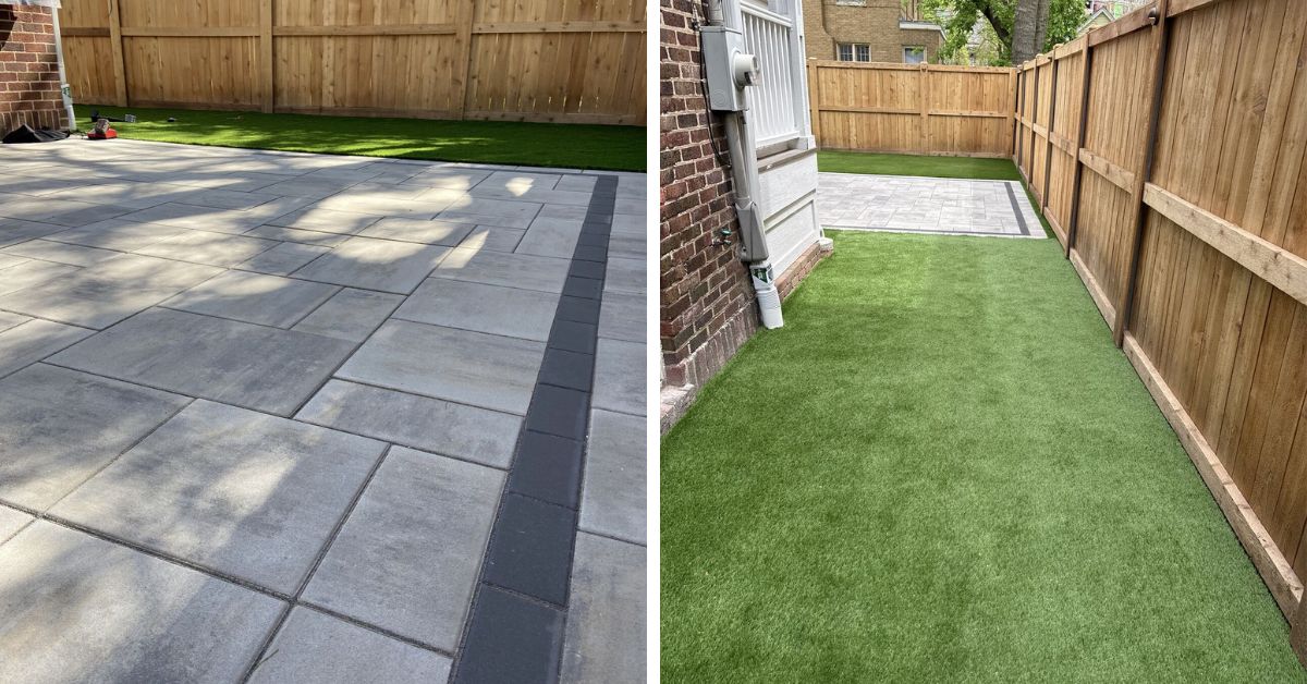 Evanston backyard renovation with Unilock patio, artificial turf, cedar fence, landscape lighting, and drainage system by Tommy Pollina Landscape Co. Inc.