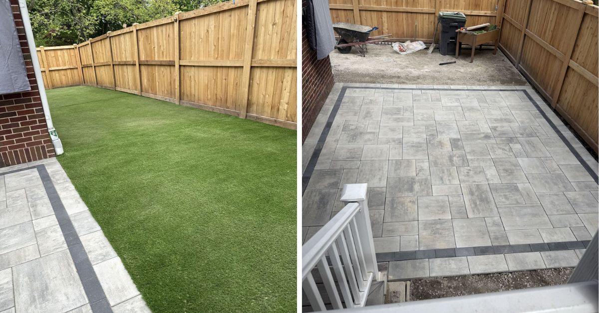 Evanston backyard renovation with Unilock patio, artificial turf, cedar fence, landscape lighting, and drainage system by Tommy Pollina Landscape Co. Inc.