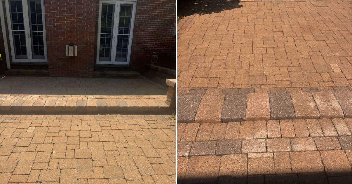 Hardscape renovation in Niles, IL with flagstone stairs, paver restoration, retaining wall cleaning, and stair lighting installation.