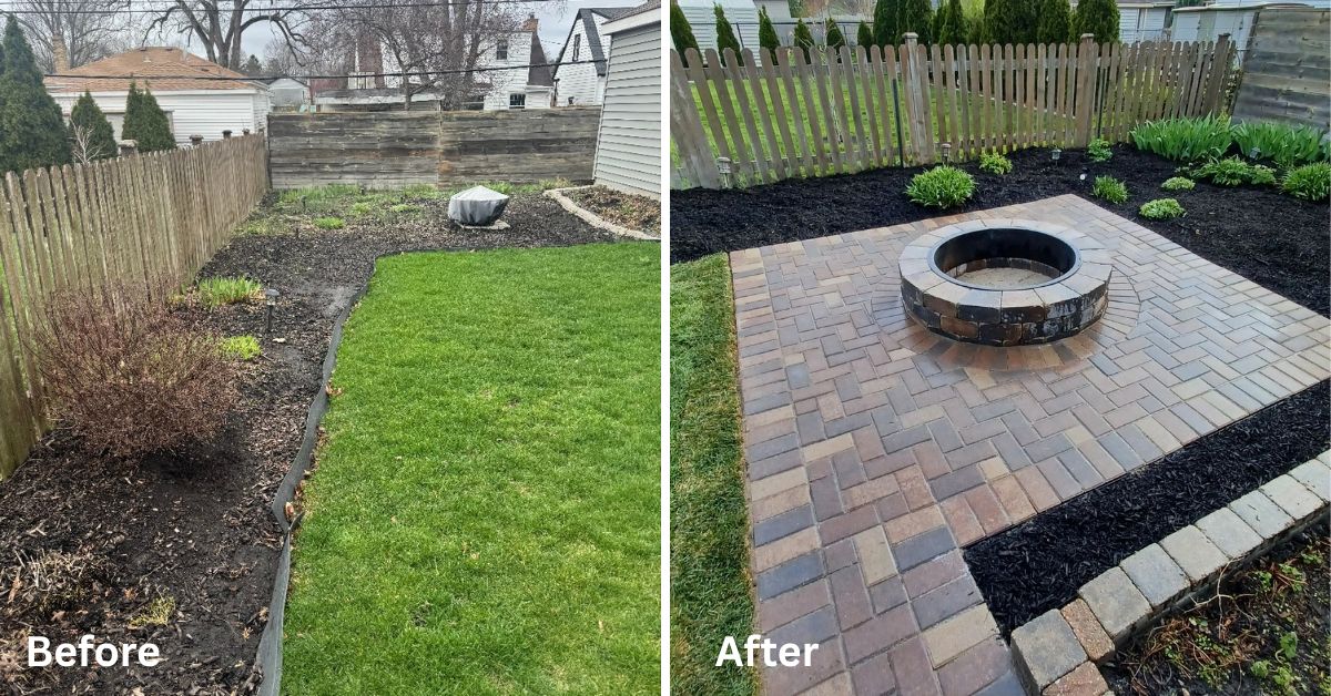 Holland Stone brick patio construction with custom fire pit, grading improvements, and landscape enhancements in Kenilworth
