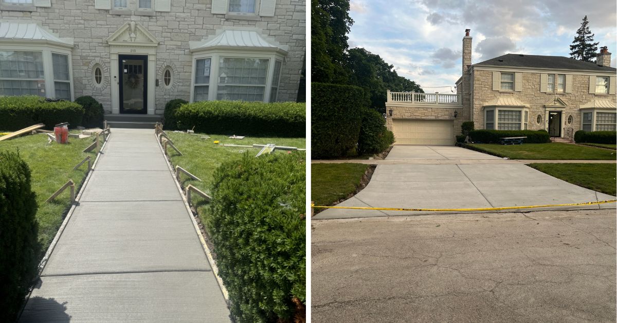 Concrete hardscape renovation in Inverness, IL with new driveway, patio, walkways, retaining wall, and landscape installation.