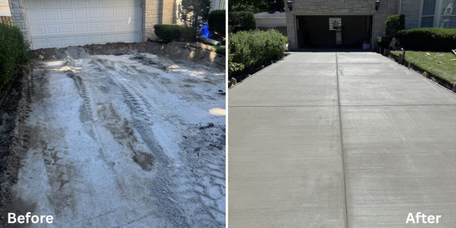 Concrete hardscape renovation in Inverness, IL with new driveway, patio, walkways, retaining wall, and landscape installation.