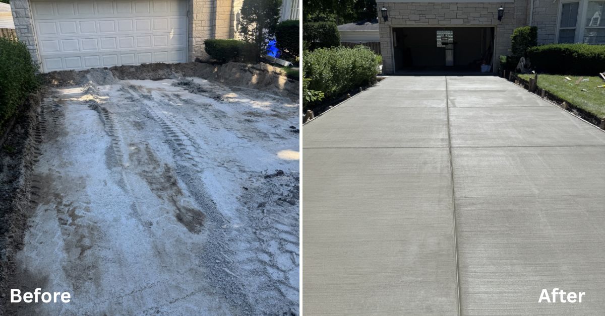 Concrete hardscape renovation in Inverness, IL with new driveway, patio, walkways, retaining wall, and landscape installation.