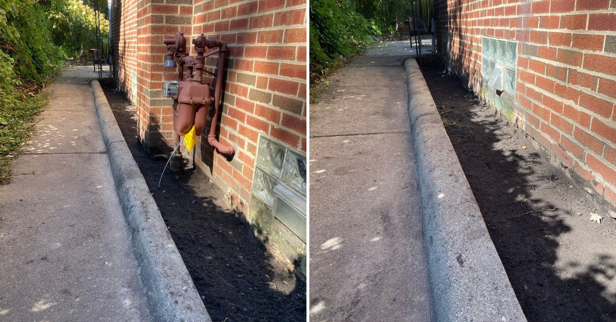 Residential foundation grading project in Highland Park, IL addressing water accumulation between the home and existing concrete walkway.
