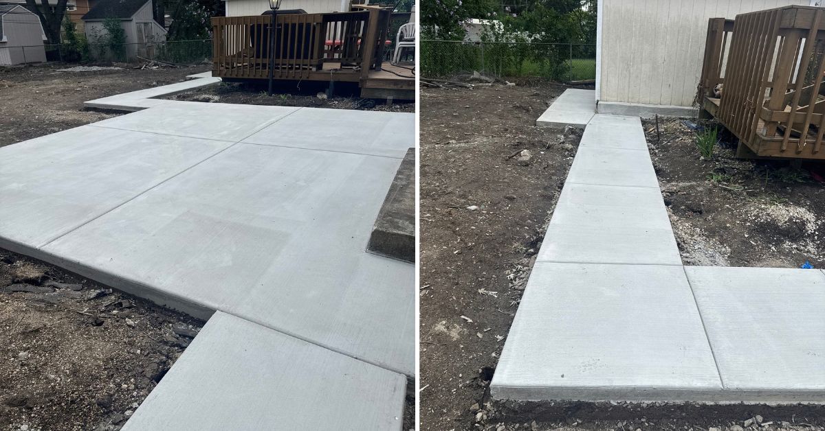 Newly installed concrete patio and sidewalk with a smooth, finished surface over a reinforced stone base.