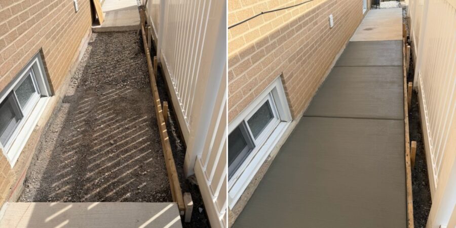 Concrete walkway restoration in Prospect Heights, IL featuring new concrete squares replacing sections removed for foundation repairs.