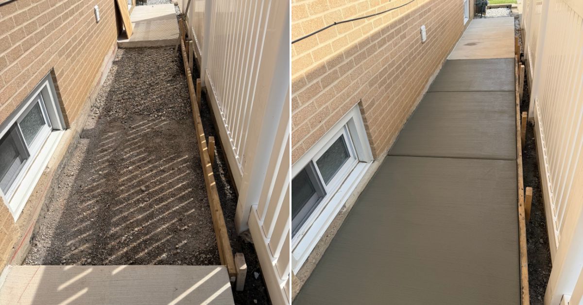 Concrete walkway restoration in Prospect Heights, IL featuring new concrete squares replacing sections removed for foundation repairs.