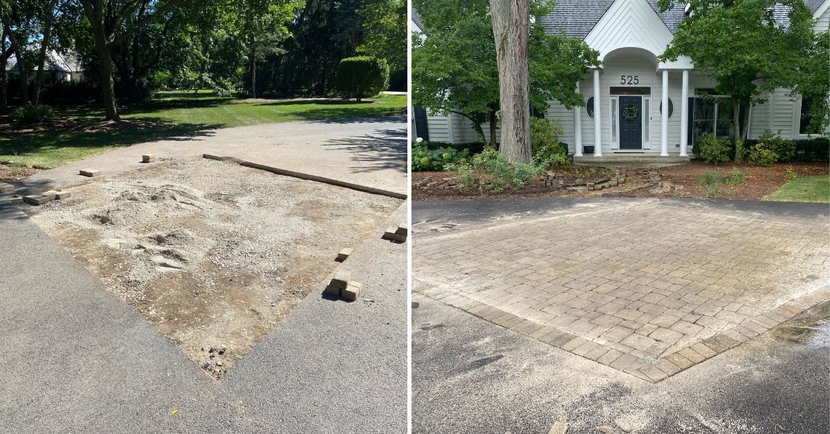 Straight front brick walkway reconstructed from existing pavers with a compacted gravel base, sand, and edging in Harwood Heights, IL.