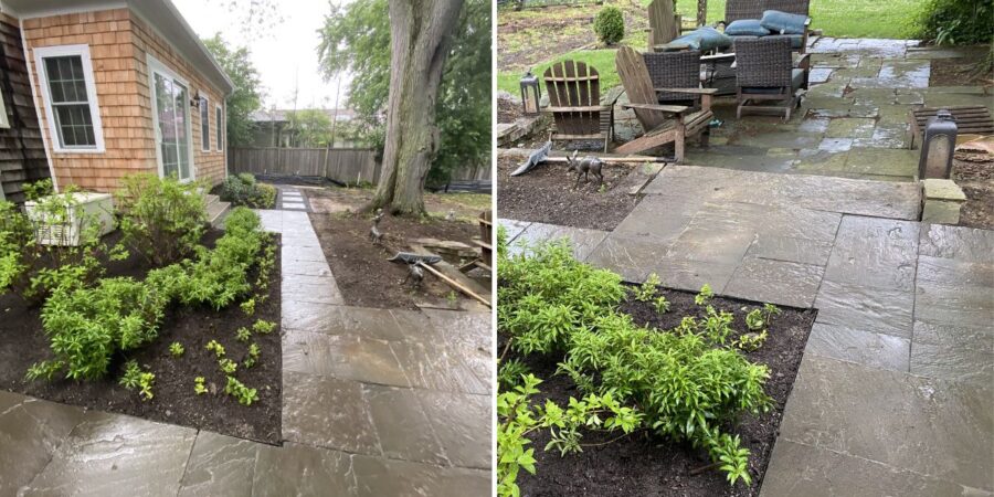 Landscape renovation project in Inverness, IL with bluestone pathways, lawn restoration, shrubs, perennials, and multiple entrance improvements.