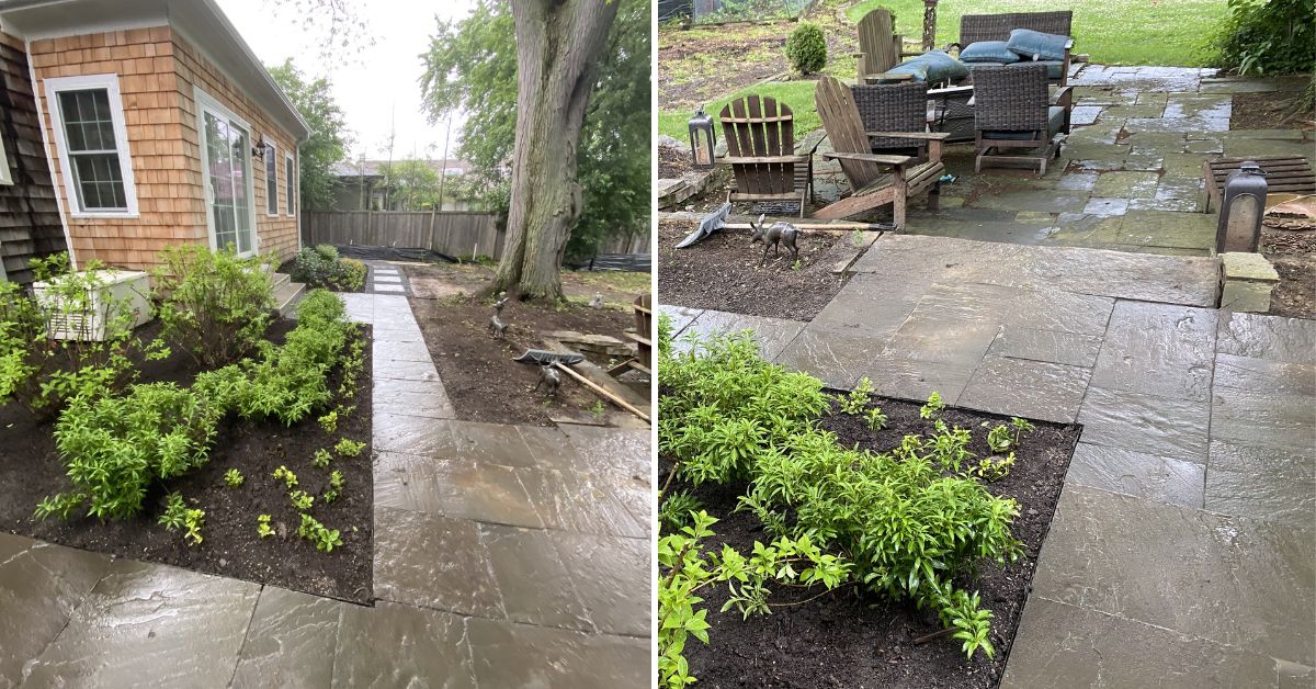 Landscape renovation project in Inverness, IL with bluestone pathways, lawn restoration, shrubs, perennials, and multiple entrance improvements.