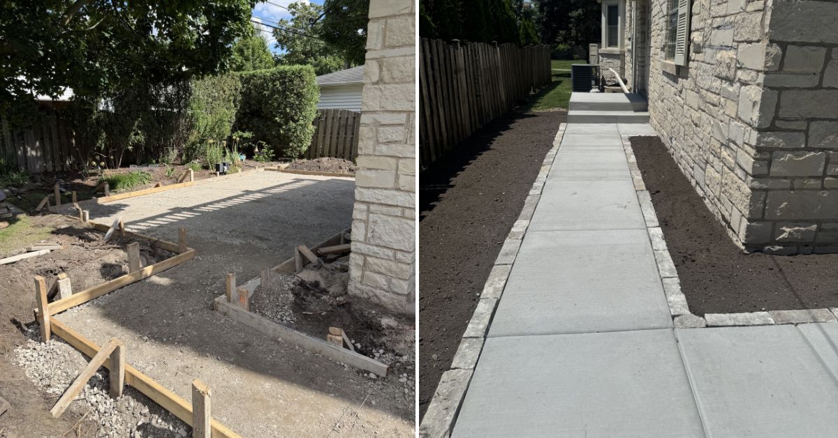 Concrete hardscape renovation in Inverness, IL with new driveway, patio, walkways, retaining wall, and landscape installation.