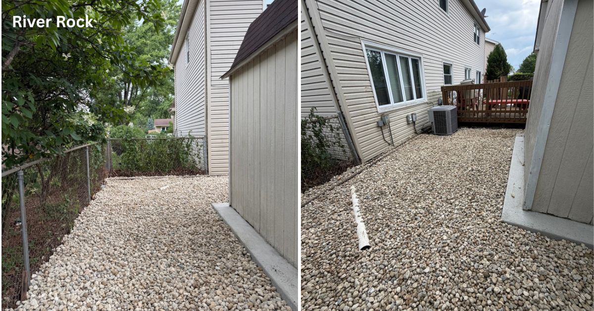 Installation of river rock near the shed area to create a defined, low-maintenance landscape section. The surrounding area will be prepared and finished to integrate the stone with the restored yard.
