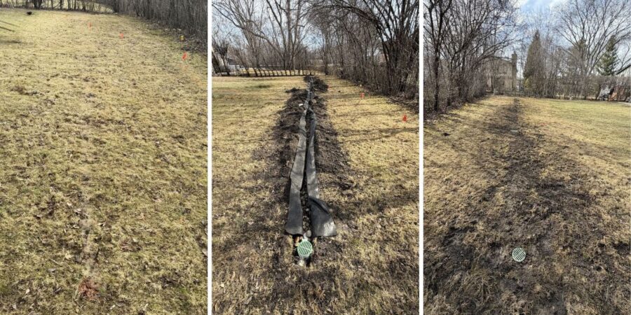 Drainage correction and full landscape installation in Deerfield with French drain and new plantings