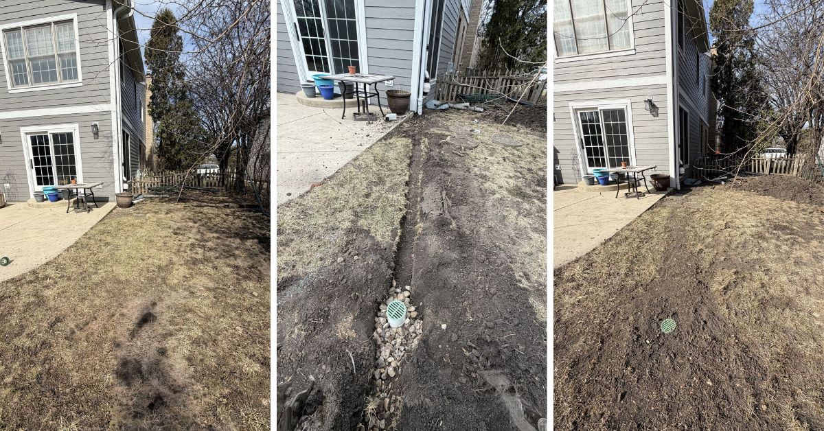 Drainage correction and full landscape installation in Deerfield with French drain and new plantings