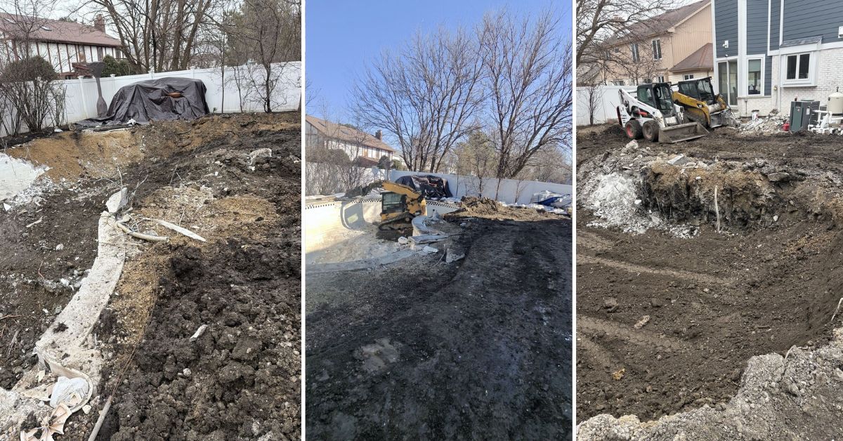 Inground concrete pool demolition in Deerfield IL with deck removal, backfilling, grading, and backyard renovation work in progress