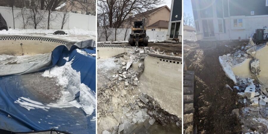Inground concrete pool demolition in Deerfield IL with deck removal, backfilling, grading, and backyard renovation work in progress