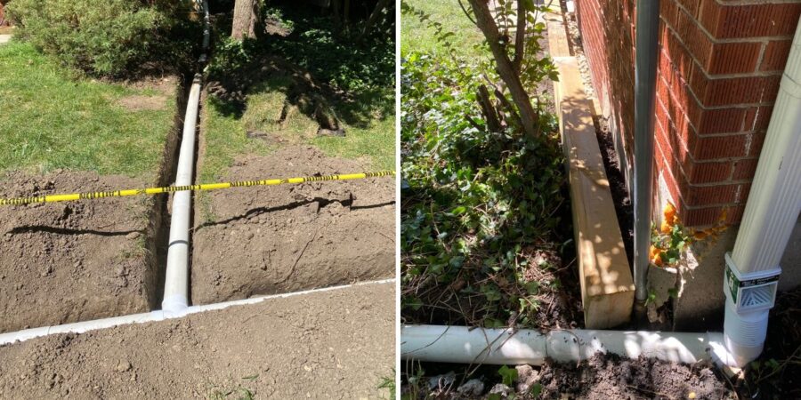 Backyard drainage improvements in Des Plaines, IL with French drains, catch basin, underground PVC piping, grading, and new sod installation.