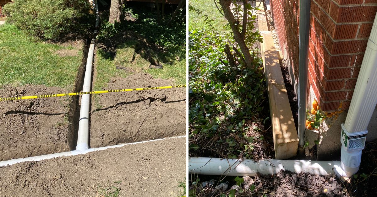 Backyard drainage improvements in Des Plaines, IL with French drains, catch basin, underground PVC piping, grading, and new sod installation.