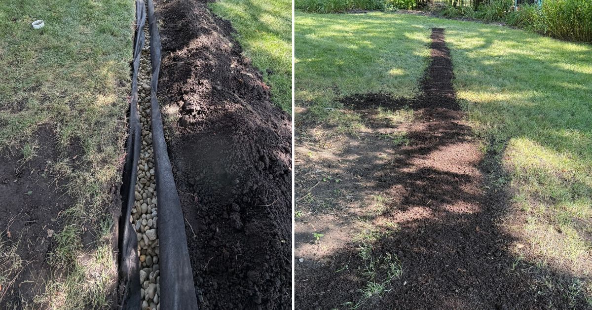 Drainage improvements in Harwood Heights, IL with underground PVC piping, grading, pea gravel, swale construction, and downspout connections.