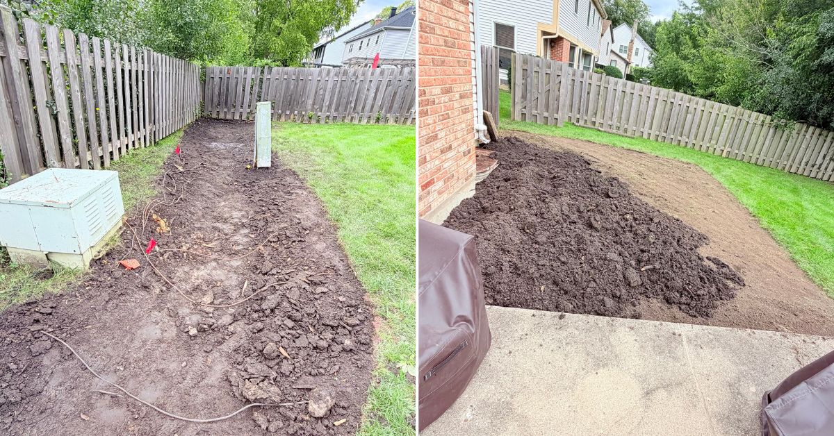 Existing lawn removed around backyard patio before grading and drainage improvements at a Winnetka, IL home