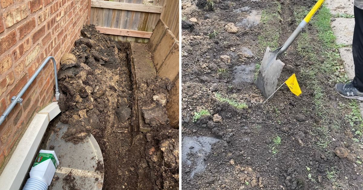 Downspout drainage system in Buffalo Grove, IL with underground PVC piping, tee discharge outlet, and landscape restoration.