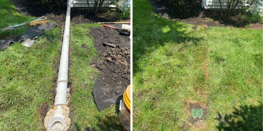 Downspout extension project in Lake Forest, IL featuring approximately 60 linear feet of solid PVC drainage piping to direct roof runoff away from the home.