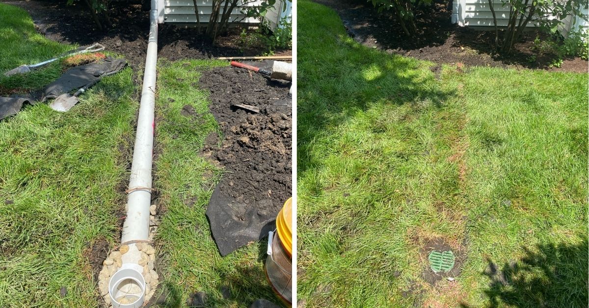 Downspout extension project in Lake Forest, IL featuring approximately 60 linear feet of solid PVC drainage piping to direct roof runoff away from the home.