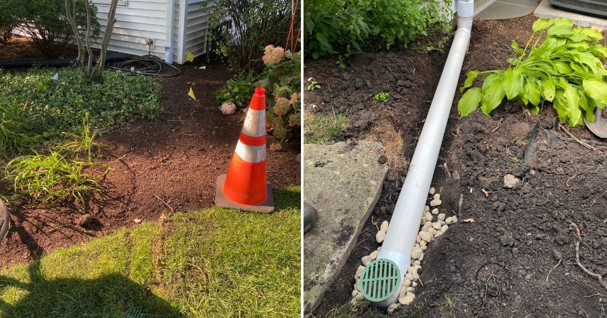 Downspout extension project in Lake Forest, IL featuring approximately 60 linear feet of solid PVC drainage piping to direct roof runoff away from the home.