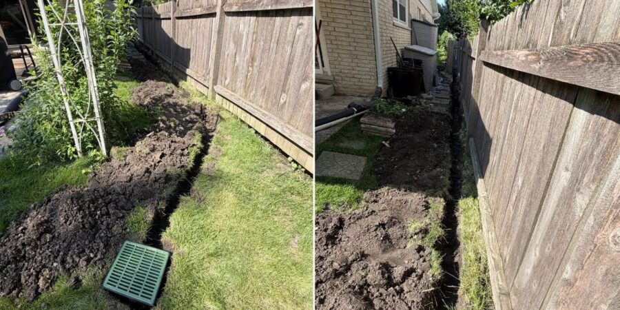 This Highland Park, IL drainage project included a 12-inch catch basin, 120+ feet of underground 4-inch PVC piping, downspout connections, leaf strainers, controlled discharge points, and restoration of disturbed walkways and turf.