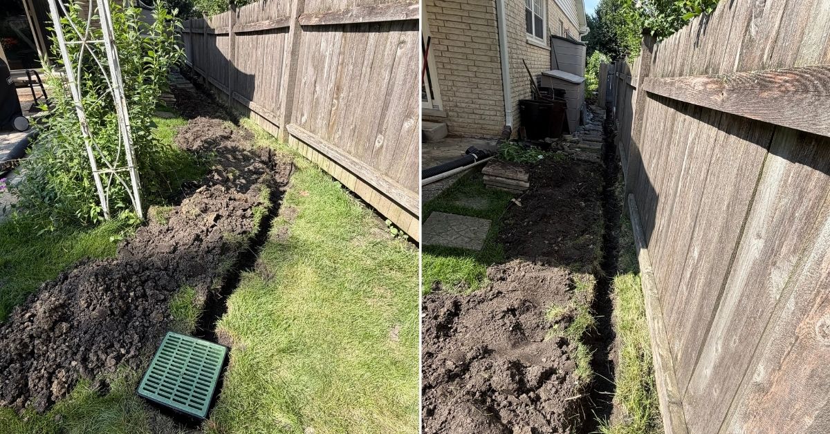 This Highland Park, IL drainage project included a 12-inch catch basin, 120+ feet of underground 4-inch PVC piping, downspout connections, leaf strainers, controlled discharge points, and restoration of disturbed walkways and turf.