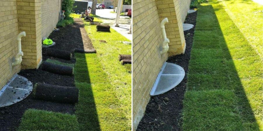 Drainage and grading improvements in Highland Park, IL featuring a swale, solid PVC downspout extensions, river rock drainage area, and lawn restoration.