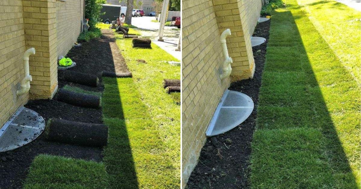 Drainage and grading improvements in Highland Park, IL featuring a swale, solid PVC downspout extensions, river rock drainage area, and lawn restoration.