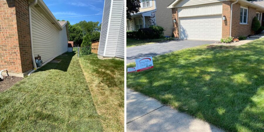 Drainage improvements in Arlington Heights, IL with grading, underground PVC drainage, timber retaining walls, and new sod installation.