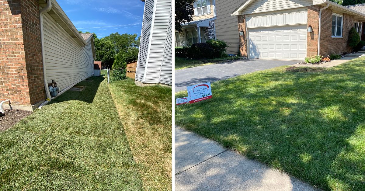 Drainage improvements in Arlington Heights, IL with grading, underground PVC drainage, timber retaining walls, and new sod installation.