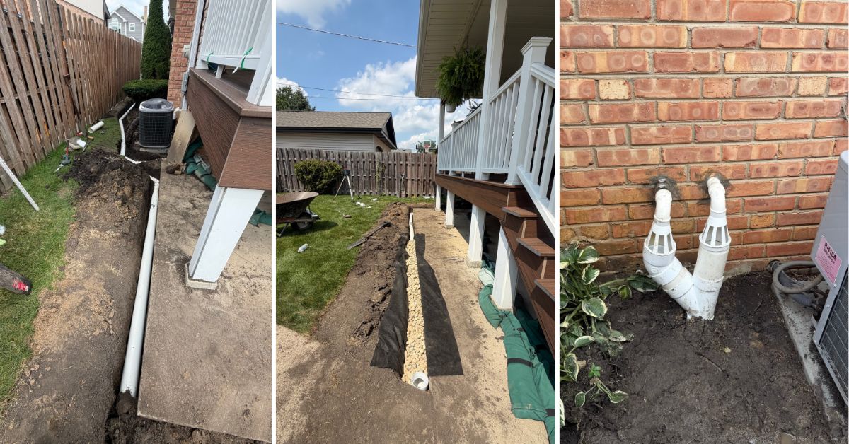 Drainage and retaining wall project in Prospect Heights, IL with French drains, PVC piping, sump pump drainage, and Sandstone Brussels pavers.