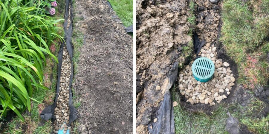Drainage project in Schiller Park, IL with 6-inch PVC piping, downspout connections, French drain, leaf guards, and river rock.