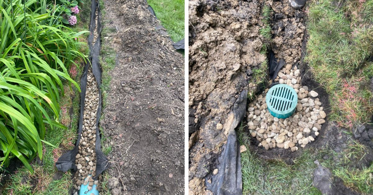 Drainage project in Schiller Park, IL with 6-inch PVC piping, downspout connections, French drain, leaf guards, and river rock.