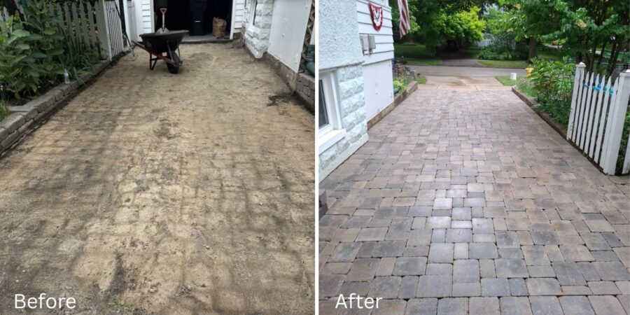 Paver driveway and walkway replacement project in Glencoe, IL with Unilock Brussels Block pavers, base reconstruction, and patio restoration.