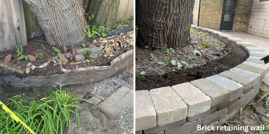 Brick retaining wall repair in an Evanston backyard, preserving the original wall layout near mature mulberry trees.