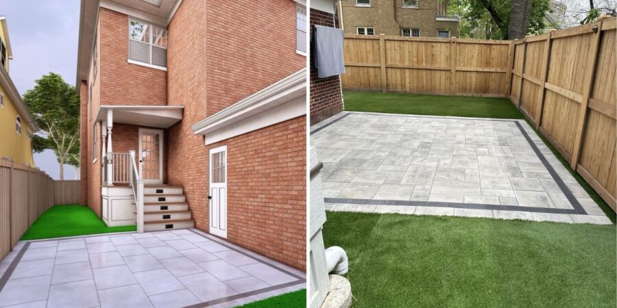 Evanston backyard renovation with Unilock patio, artificial turf, cedar fence, landscape lighting, and drainage system by Tommy Pollina Landscape Co. Inc.