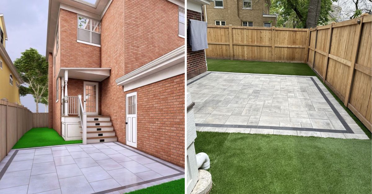 Evanston backyard renovation with Unilock patio, artificial turf, cedar fence, landscape lighting, and drainage system by Tommy Pollina Landscape Co. Inc.