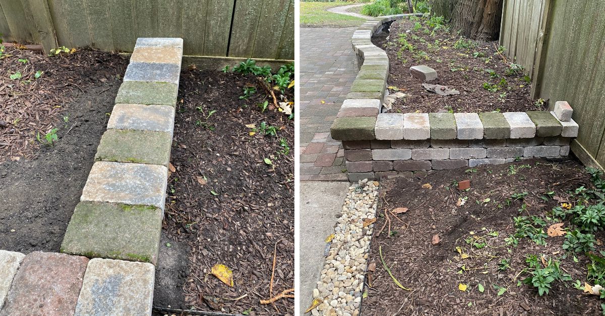 Brick retaining wall repair in an Evanston backyard, preserving the original wall layout near mature mulberry trees.