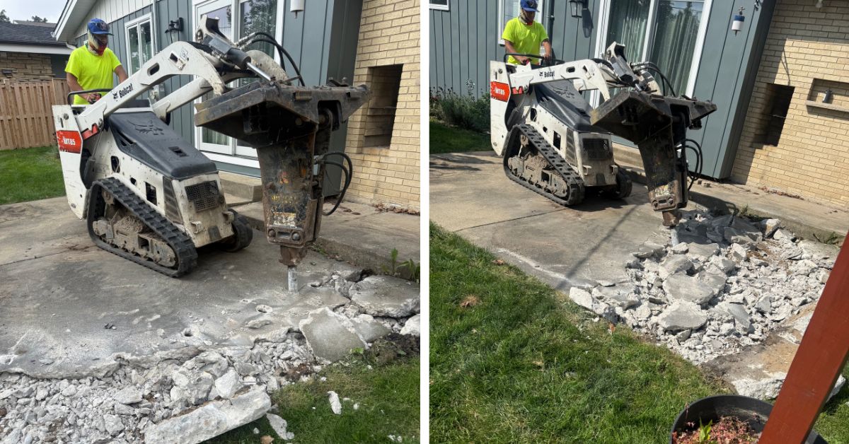 Concrete stoop and patio removal preparing a Niles backyard for an expanded natural stone patio.