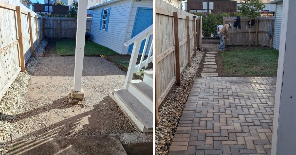 Backyard area cleared of existing sod, dirt, and concrete before new brick paver patio installation in Winnetka, IL.