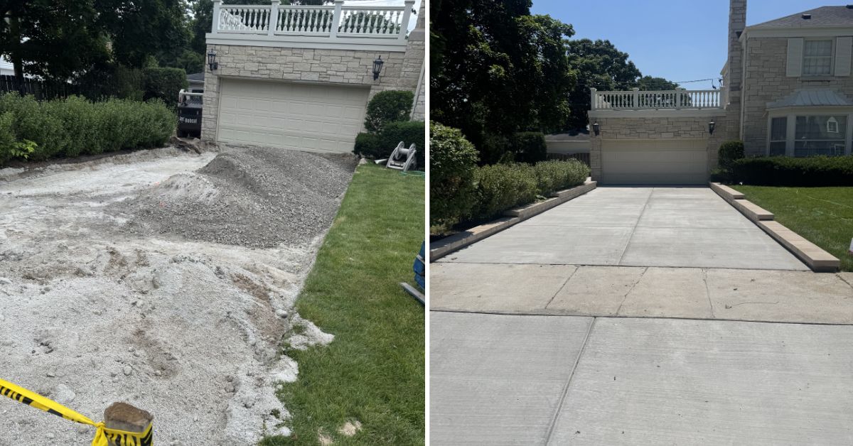 Concrete hardscape renovation in Inverness, IL with new driveway, patio, walkways, retaining wall, and landscape installation.